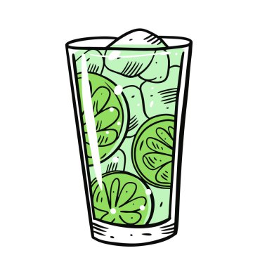 Mojito Alkol Kokteyli. El çizimi düz stil. Çizgi film vektör çizimi. Beyaz arkaplanda izole.