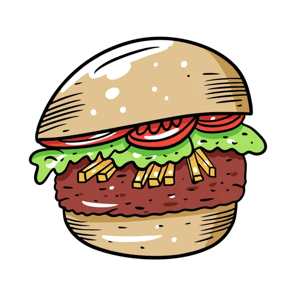 Hamburguesa con tomate y papas fritas. Ilustración vectorial colorida dibujada a mano en estilo de dibujos animados. Aislado sobre fondo blanco . — Archivo Imágenes Vectoriales