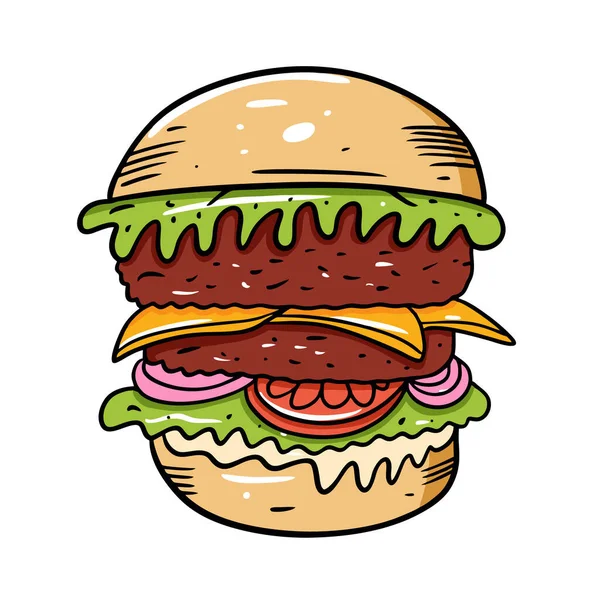 Hamburger grande con pomodoro, salsa, cipolla e formaggio. Illustrazione vettore colorato disegnato a mano in stile cartone animato. Isolato su sfondo bianco . — Vettoriale Stock