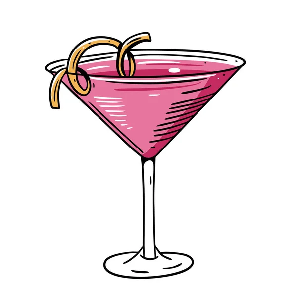 Alcohol cóctel rosa. Estilo plano dibujado a mano. Ilustración vectorial de dibujos animados. Aislado sobre fondo blanco . — Vector de stock