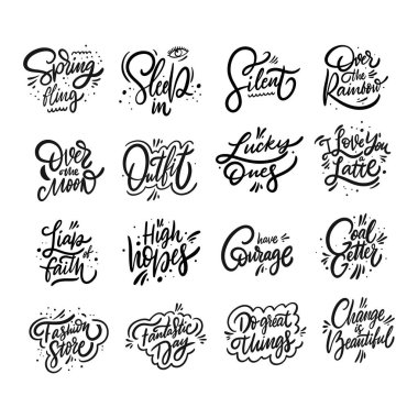 Harfler ilham verici olumlu ifadeler içeriyor. El çizimi kaligrafi. Siyah renk. Vektör çizimi. Beyaz arka planda izole edilmiş. Kupa, blog, kart, poster, afiş ve tişört için metin tasarımı.