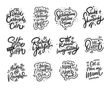 Motivasyonal ilham verici alıntılar el yazısını belirler. Siyah renk. Vektör çizimi. Beyaz arka planda izole edilmiş. Kupa, blog, kart, poster, afiş ve tişört için metin tasarımı.