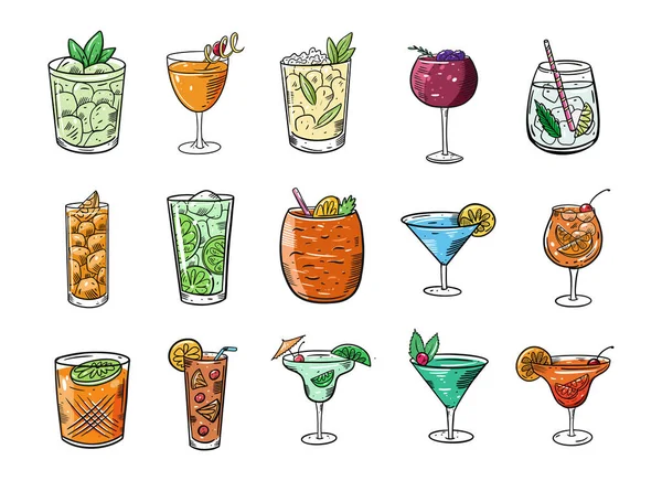 Alcohol Cocktails Grote Set Cartoon Platte Kleurrijke Vector Illustratie Geïsoleerd — Stockvector