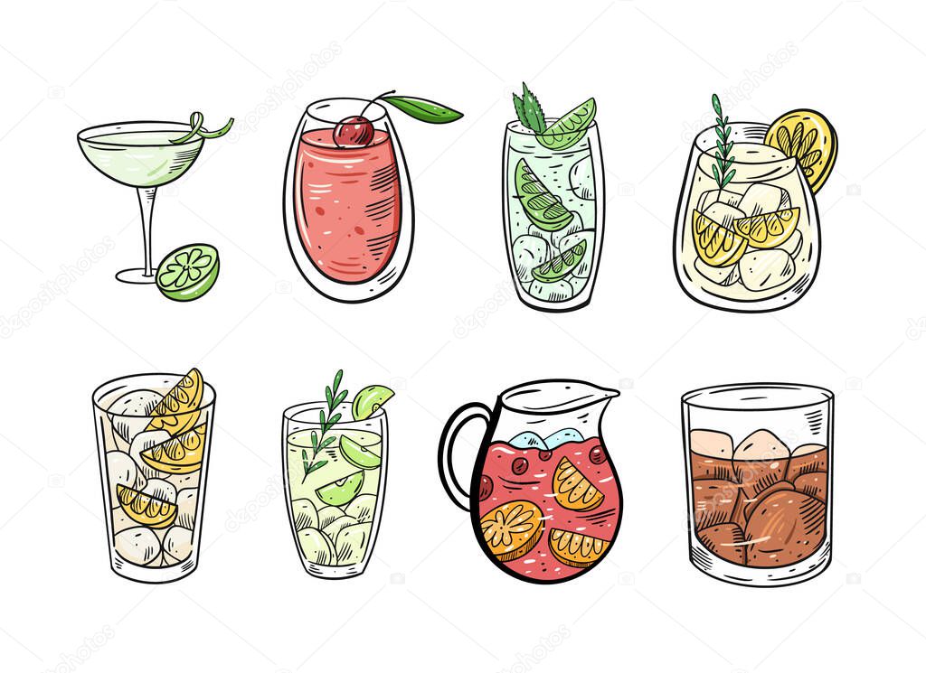 Cocktails set. Flat colorful vector illustration. Isolated on white background. Sketch text design for mug, blog, card, poster, banner and t-shirt.