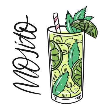 Klasik Mojito alkol kokteyli. Düz stil. Renkli çizgi film vektör çizimi. Beyaz arka planda izole edilmiş. Menü, bar, kafe, poster ve tişört için tasarım.