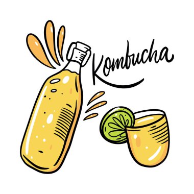 Kombucha tea in bottle and glass. Flat style. Colorful cartoon vector illustration. Isolated on white background. Design for menu cafe and bar. clipart