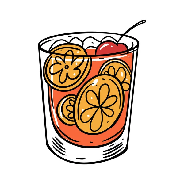 Orange Glaçon Cocktail Cerise Verre Été Style Plat Illustration Vectorielle — Image vectorielle