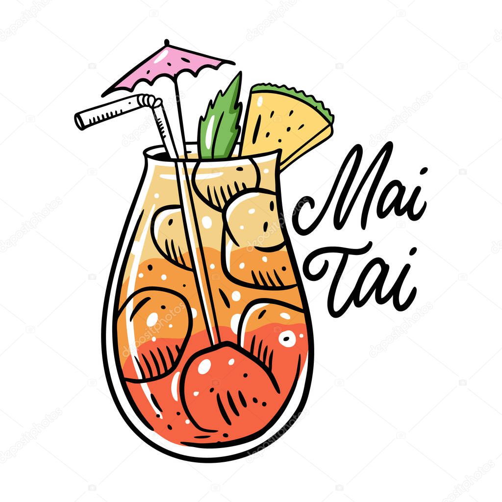 Mai Tai Summer cocktail. Flat style. Colorful cartoon vector illustration. Isolated on white background. Design for menu cafe and bar.