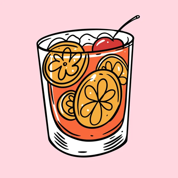 Sinaasappel, ijsblokje en kersencocktail. Zomer drankje. Cartoon platte vector illustratie. Geïsoleerd op zachte roze achtergrond. — Stockvector