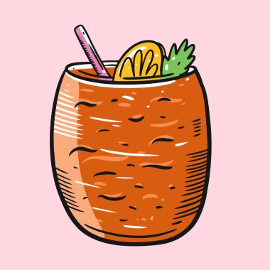 Naneli ve limonlu portakal kokteyli. Çizgi film düz vektör çizimi. Yumuşak pembe arkaplanda izole.