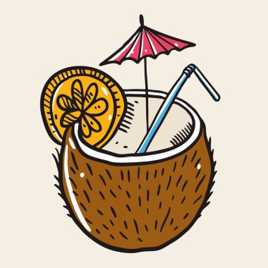 Tropik hindistan cevizi kokteyli. Çizgi film düz vektör çizimi. Yumuşak sarı arkaplanda izole.