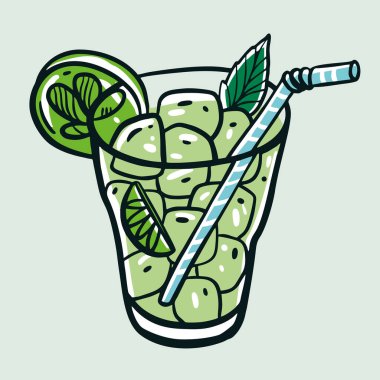 Kokteyl Mojito Klasik tarzı. Çizgi film düz vektör çizimi. Yumuşak yeşil arkaplanda izole.