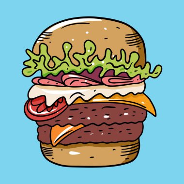 Jambonlu duble burger. Düz çizgi film tarzında renkli vektör çizimi. Mavi arkaplanda izole.
