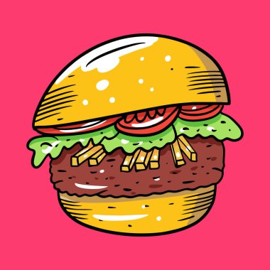 Domatesli hamburger ve patates kızartması. Çizgi film tarzında renkli vektör çizimi. Pembe arka planda izole edilmiş.