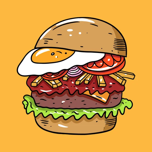 Burger s hranolkama a vejcem. Barevná vektorová ilustrace v kresleném stylu. Izolováno na žlutém pozadí. — Stockový vektor