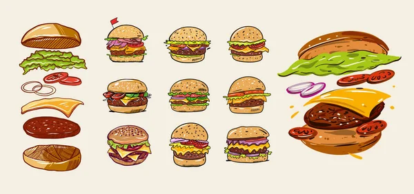 Hambúrgueres conjunto com ingredientes. Ilustração vetorial colorida em estilo cartoon. Isolado em fundo amarelo macio . — Vetor de Stock
