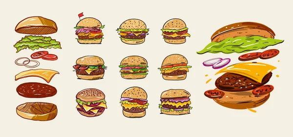 Hamburgerler malzemelerle hazır. Çizgi film tarzında renkli vektör çizimi. Yumuşak sarı arkaplanda izole.