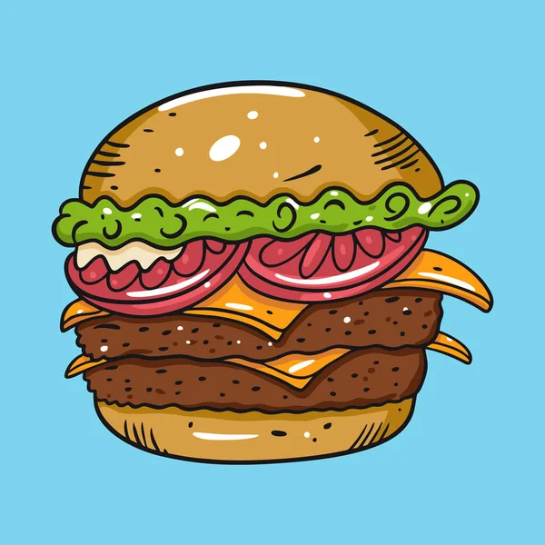 Cheeseburger. Vektorillustration im Cartoon-Stil. Vereinzelt auf blauem Hintergrund. — Stockvektor