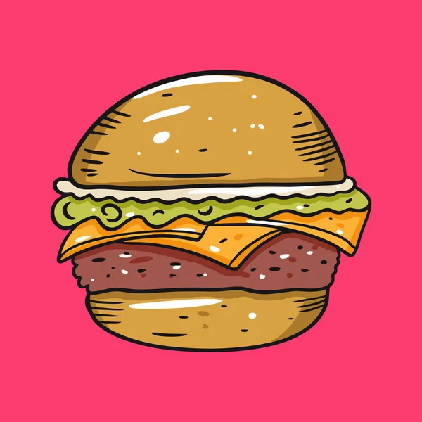 Cheeseburger. Bunte Vektorillustration im Cartoon-Stil. Vereinzelt auf rosa Hintergrund. — Stockvektor