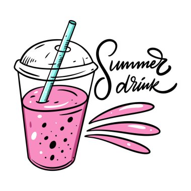 Pembe köpüklü çay. Yaz taze içeceği. Çizgi film stili vektör çizimi. Beyaz arkaplanda izole.