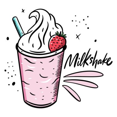 Çilekli Pembe Milkshake. Çizgi film stili vektör çizimi. Beyaz arkaplanda izole.