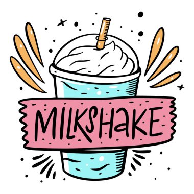 Mavi milkshake ve lable işareti. Çizgi film stili vektör çizimi. Beyaz arkaplanda izole.