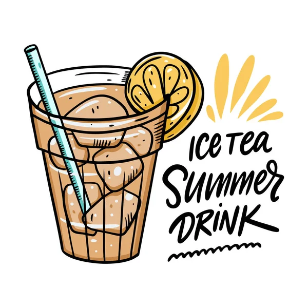 Es teh minuman musim panas dengan lemon dan tabung. Ilustrasi vektor gaya kartun. Terisolasi pada latar belakang putih. - Stok Vektor