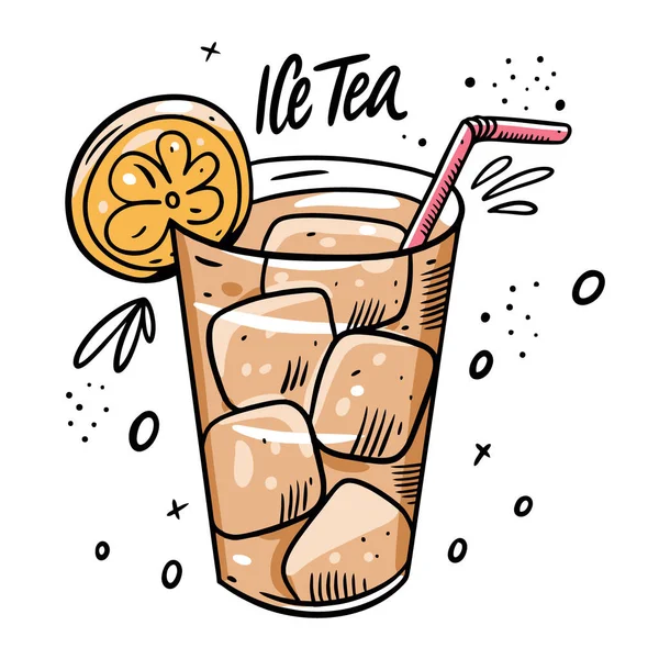 Té helado con limón y hielo. Ilustración vectorial estilo caricatura. Aislado sobre fondo blanco . — Archivo Imágenes Vectoriales