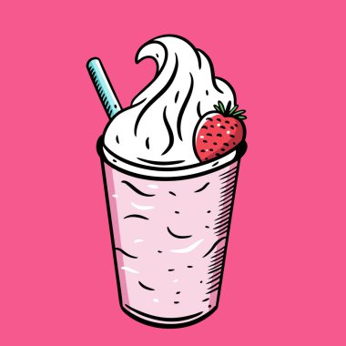 Çilekli Pembe Milkshake. Çizgi film vektör çizimi. Pembe arka planda izole edilmiş. Menü kafe ve barı için tasarım.