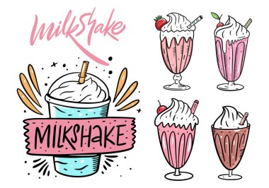 Milkshake seti. Çizgi film düz vektör çizimi. Beyaz arka planda izole edilmiş. Menü kafe ve barı için tasarım.