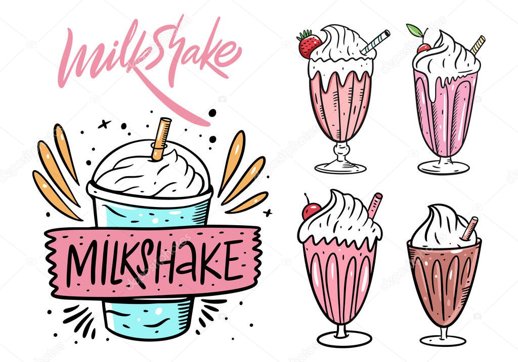 Milkshake set. Cartoon flat vector illustration. Isolated on white background. Design for menu cafe and bar.