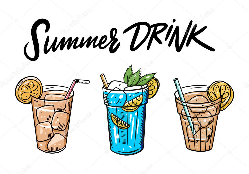 Summer Ice tea set. Cartoon flat vector illustration. Isolated on white background. Design for menu cafe and bar.