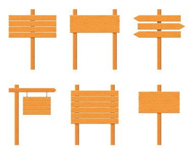 Tahta tabelalar beyaz arka planda izole edilmiş. Yoldaki veya sokaktaki bir mesajı iletmek için işaretler ve semboller, işaret amblemleri. Ahşap desenli pankart. Vektör illüstrasyonu