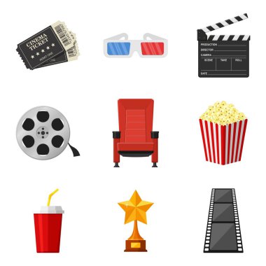 Sinema simgeleri beyaz arkaplanda düz bir şekilde ayarlandı. Film kiralamak ve izlemek için sinema dekoratif unsurları. Aksesuar sinemaları. Film ve film konsepti. Vektör İllüstrasyonu