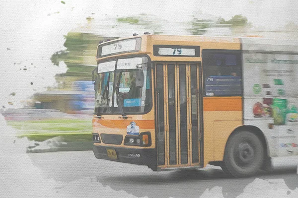 橙色Bmta巴士水彩画-曼谷公共交通金 — 图库照片