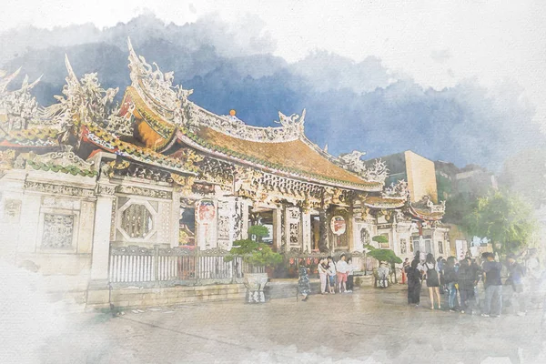 Aquarel geschilderd van Mengjia Longshan Tempel is Chinees volk r — Stockfoto