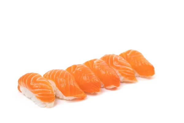 A Group of Sushi Salmon in the row on the whire background. This — Stock Photo, Image