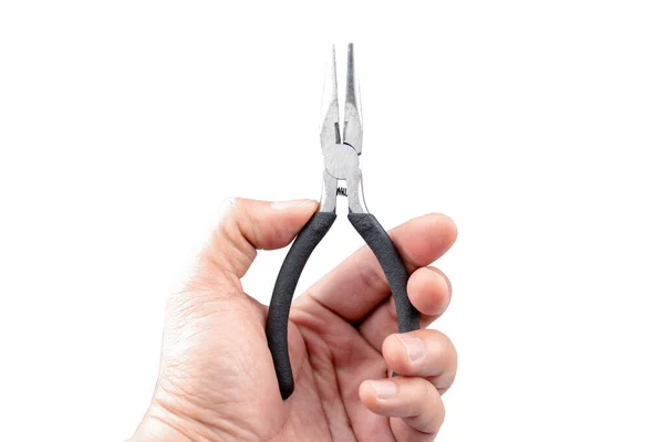 Black Plier Asian Male Hand Showing Front White Background Clipping — Stock Photo, Image