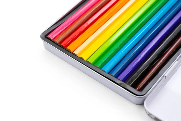 Utilizan Lápices Color Aplican Pintura Acuarela Hay Dispuestos Caja Acero —  Fotos de Stock