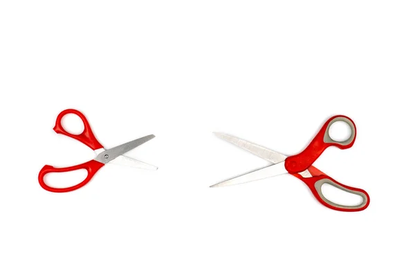Two Red Scissors One Big One Small Isolated White Background — Stock Photo, Image