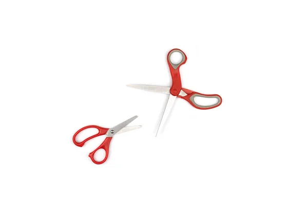 Two Red Scissors One Big One Small Isolated White Background — Stock Photo, Image