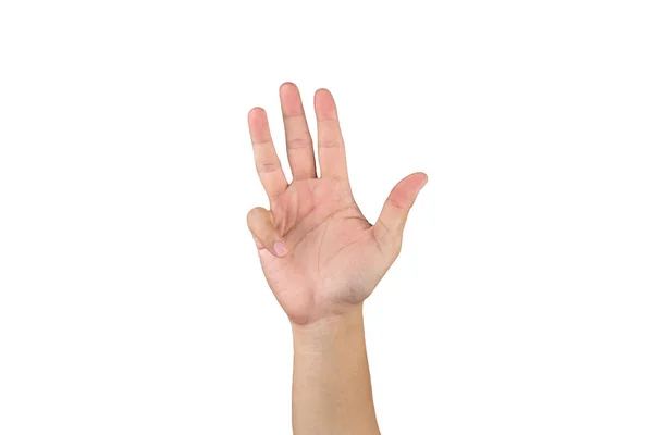 アジアの手は クリッピングパスと隔離された白い背景に9本の指を示しています — ストック写真