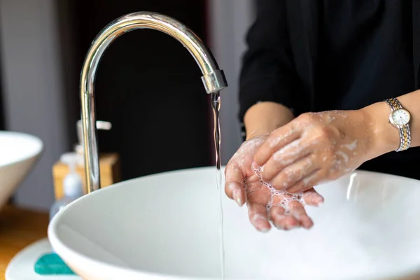 Business Woman Dark Black Suit Washing Her Hand Sink — Stock Photo, Image