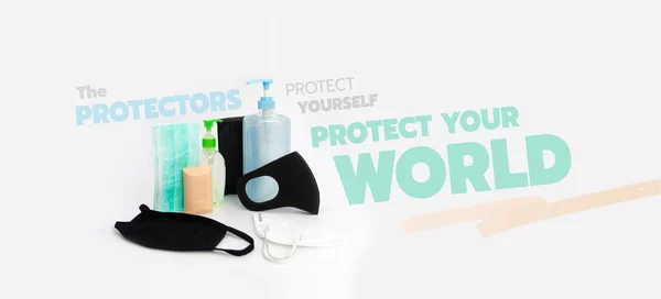 Los Objetos Protección Gel Alcohol Máscara Higiénica Jabón Conjunto Protecciones —  Fotos de Stock