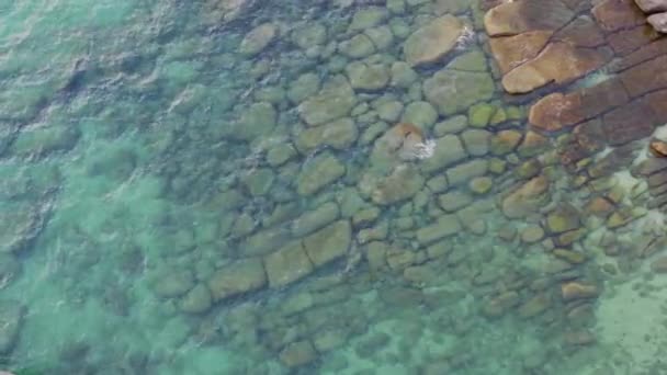 Vista Superior Desde Dron Dispara Hermosa Costa Rocosa Playa Bajo — Vídeos de Stock