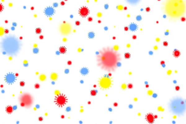 illustration of coronavirus (COVID-19) in minimal graphic simple deign with 3 colours (red, blue, yellow) on white background. With dept of field mood and tone.