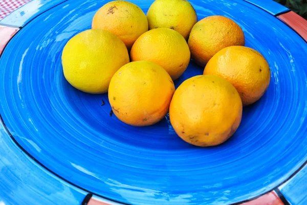 Свежие апельсины на голубой керамической пластине — стоковое фото
