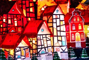 Münster, Almanya - 15 Aralık 2017: Noel dekorasyonu - ışıklı minyatür yarı ahşap Bavyera Köyü