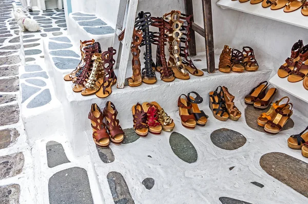 Shopping Handmade Leather Sandals Mykonos Greek Islands — Stock Photo, Image