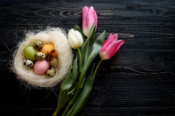 Composición Pascual Huevos Pascua Nido Con Tulipanes Lugar Para Texto — Foto de Stock